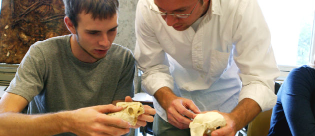 student and instructor examining skull