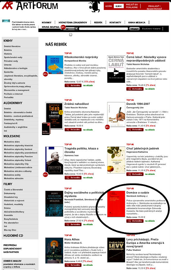 screenshot of Steinbock's book on Artforum bestseller list